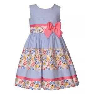 Bonnie Jean Girls Sleeveless Lined Cotton Striped Floral Dress Sz 6X pink bow